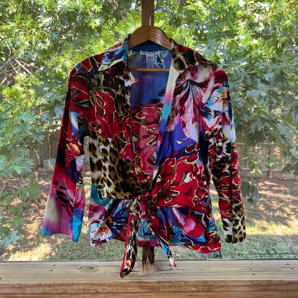 Mishca Women's Vintage Red Printed Tie- Front Top Size M